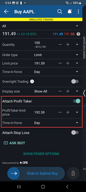 The profit taker option on the Android Phone